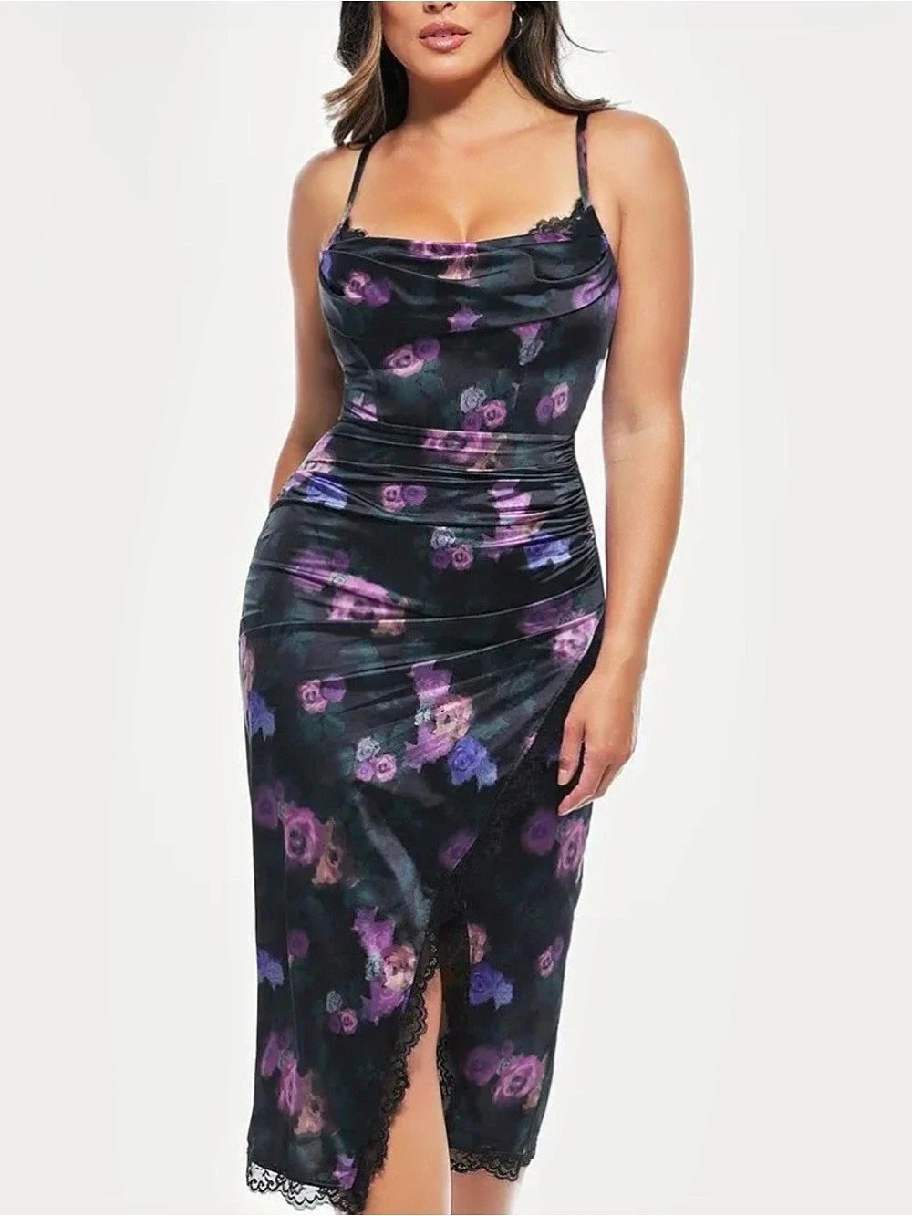 Popilush Lace Trim Sculpting Floral-Print Midi Dress Black & Purple Large NWT